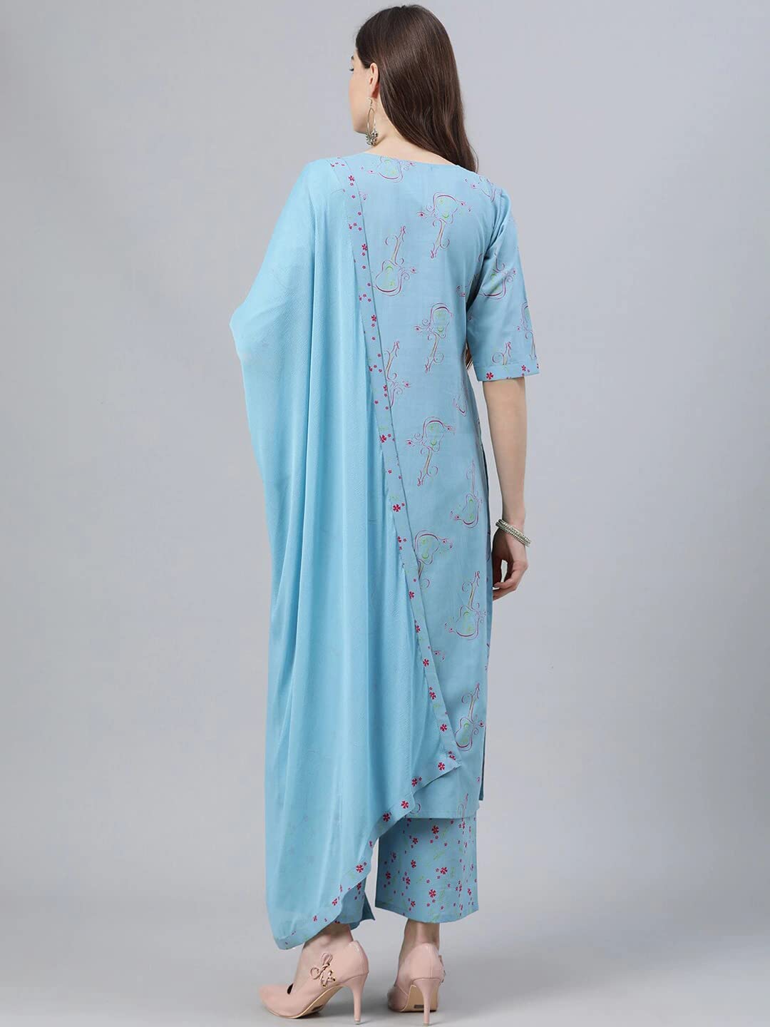 GoSriKi Women's Cotton Blend Straight Kurta with Palazzo & Dupatta (Guitar-GS)