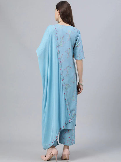 GoSriKi Women's Cotton Blend Straight Kurta with Palazzo & Dupatta (Guitar-GS)