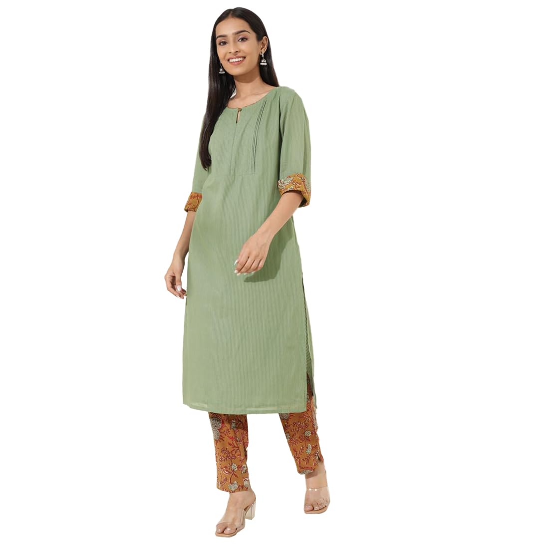 Fabindia WomenS Cotton Printed Slim Kurta Set (1037314Green_Rust, Green