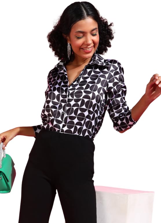 POPWINGS Printed Full-Sleeves Regular-Fit Satin Printed Shirt for Women Stylish Western Casual Wear