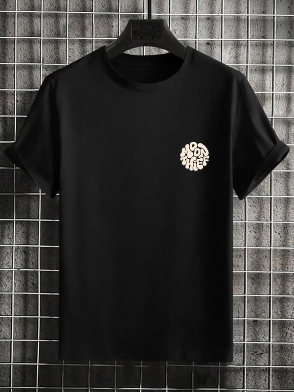 SMOWKLY Authentics Mens Cotton Blend Moon Thief Galaxy Letter Graphic Print Oversized T-Shirt || Vintage Drop Shoulder || Cozy