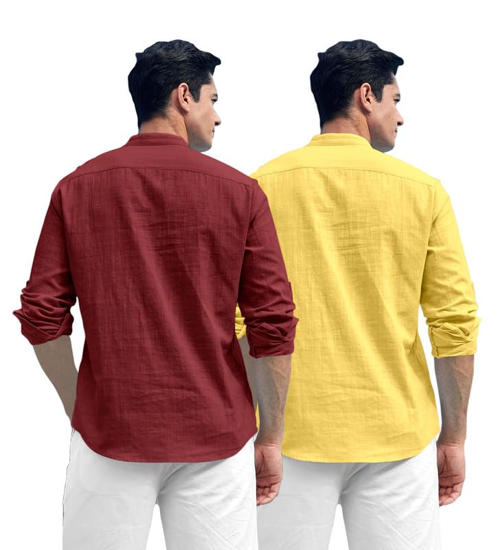 Royalscout Combo Of MenS Solid Cotton Blend Full Sleeve Straight Kurta Shirt (Pack Of 2) Maroon-Yellow