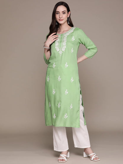 anubhutee Women's Viscose Rayon Green Thread Work Ethnic Motifs Embroidered Straight Kurta
