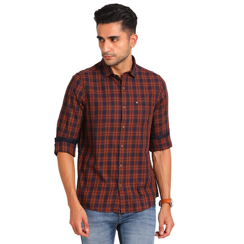 Turtle Men 100% Cotton Slim Fit Check Regular Fitvy-Brown Casual Shirt