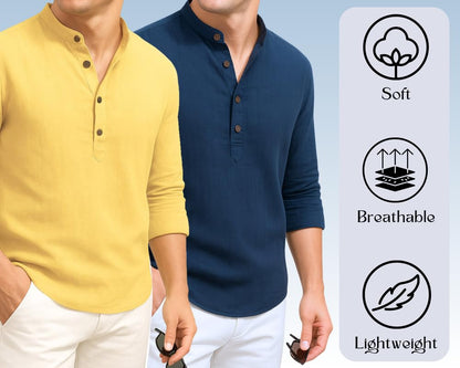Deemoon Combo Of MenS Cotton Blend Solid Regular Fit Full Sleeve Short Kurta | MenS Trendy Short Kurta Pack Of 2 (Available In