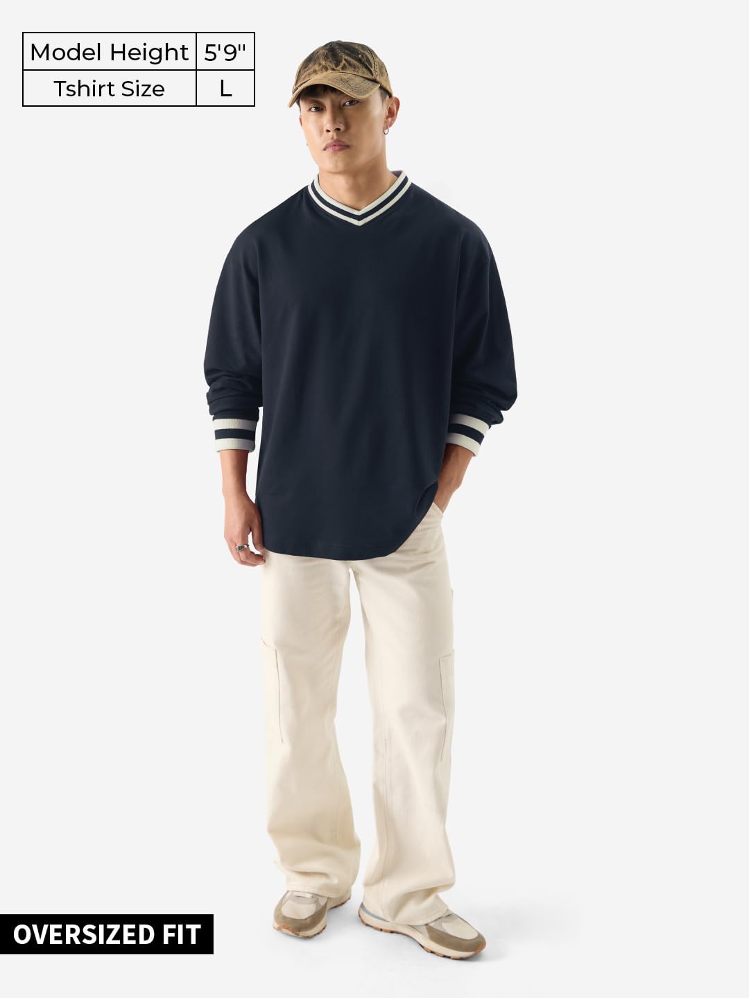 The Souled Store Solids: Navy Men and Boys Full Sleeve V- Neck Oversized Fit T-Shirts Oversized Mens T-Shirts Solid Basic Tees