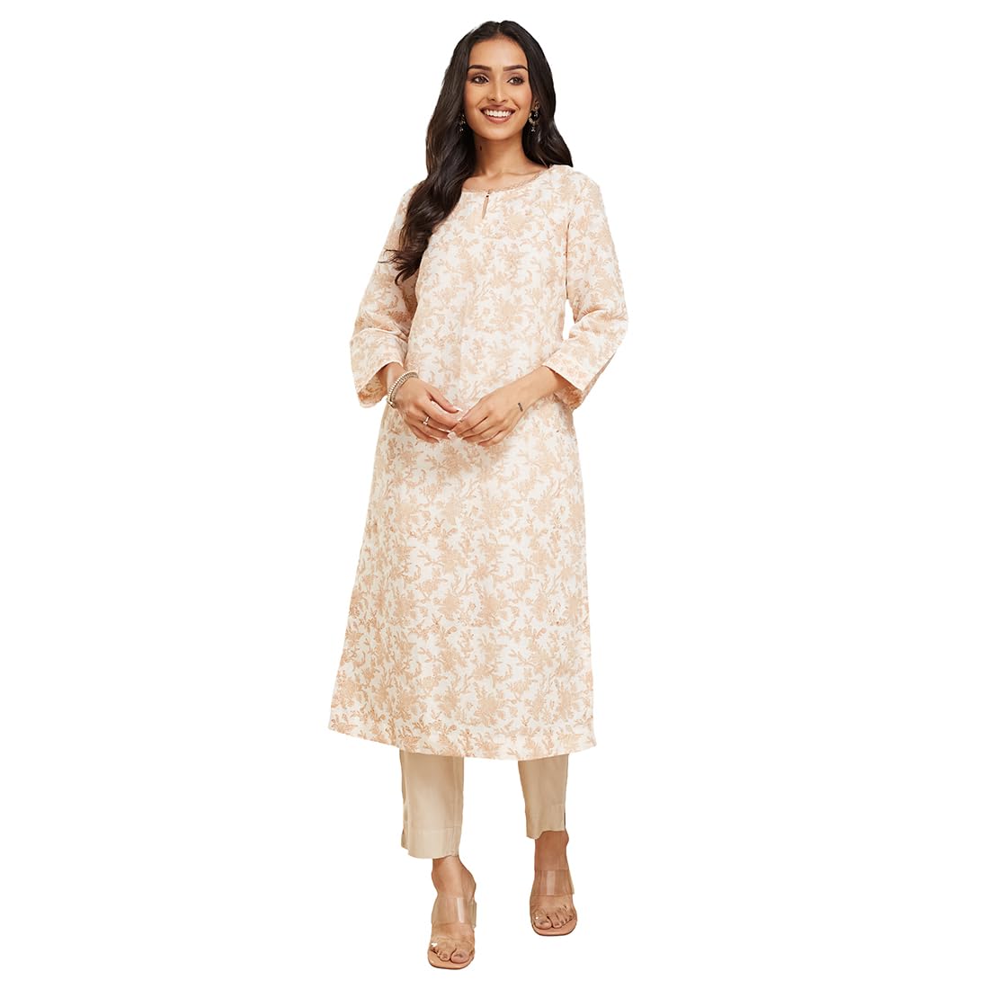 Fabindia Women's Natural Linen Blend Printed Regular Fit Long Kurta