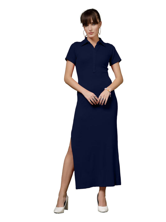 Oomph! WomenS Western & Fusion Wear Stretchable Ribbed Lycra Shirt Dress For Women, Bodycon, Dark Blue - Md1009