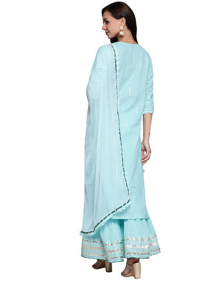 ishin Women Blue Ethnic Motifs Embroidered Mirror Work Pure Cotton Kurta with Sharara & With Dupatta