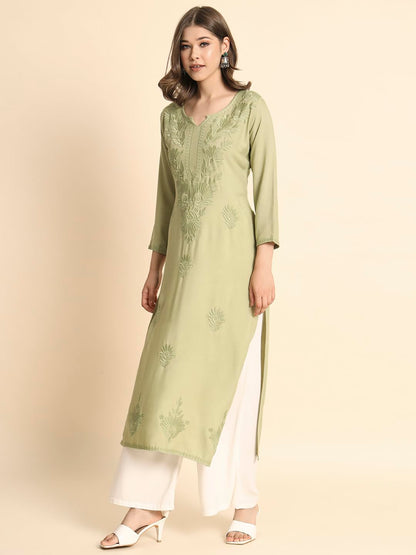 VAIRAGEE Womens Rayon Straight Cut Round Neck Kurta with Beautiful Lucknowi Chickenkari Work (1593) Olive Green