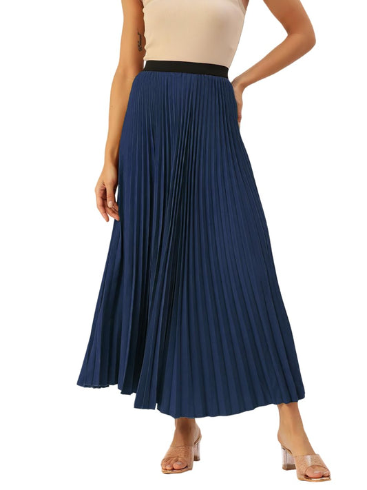 Kzully | Flowing Grace WomenS Satin Accordian Pleat Maxi Flared Skirt Navy Blue