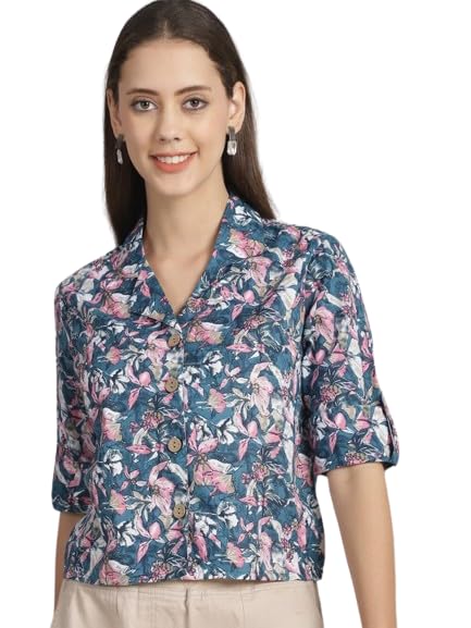 PATLANI Women s/Girl s Rayon Full Stitched Lightwait Casual Top with Digital Floral Print. Blue