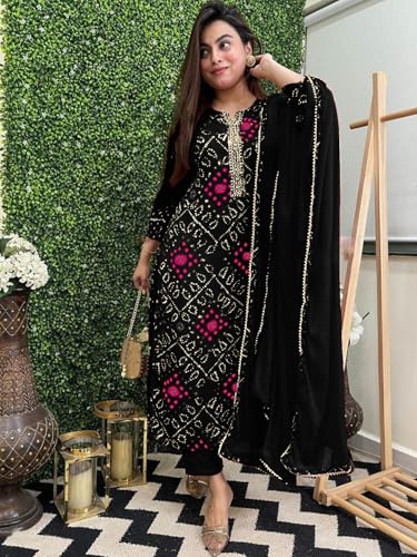 GoSriKi Ladies Viscose Rayon Printed Bandhej Kurta Set with Trousers & Dupatta, Large, Black, Model TURAE-RED-G8S