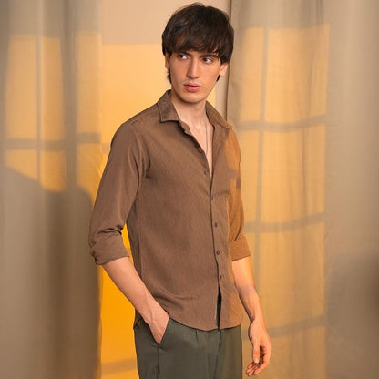 Campus Sutra Mens Ash Brown Veined-Textured Shirt | Casual Wear | Spread Collar | Long Sleeve | Button Closure | Shirt Crafted