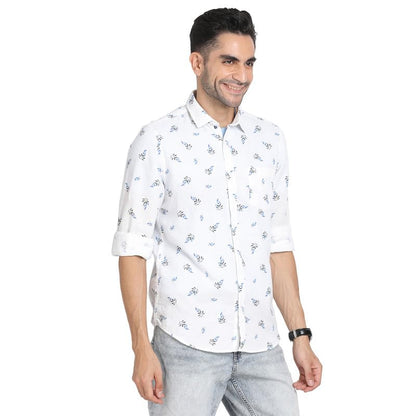 Turtle Men Cotton Linen White Printed Slim Fit Full Sleeve Casual Shirt
