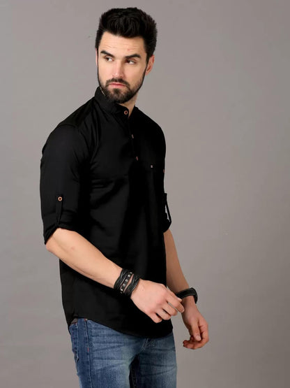 Deemoon MenS Cotton Blend Full Sleeve Short Kurta With Mandarin Collar Crafted From A Premium Cotton Blend Black