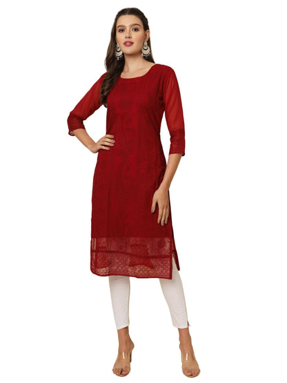 Vairagee WomenS Georgette Straight Cut Round Neck Kurta With Beautiful Lucknowi Chickankari Work (1631) Red