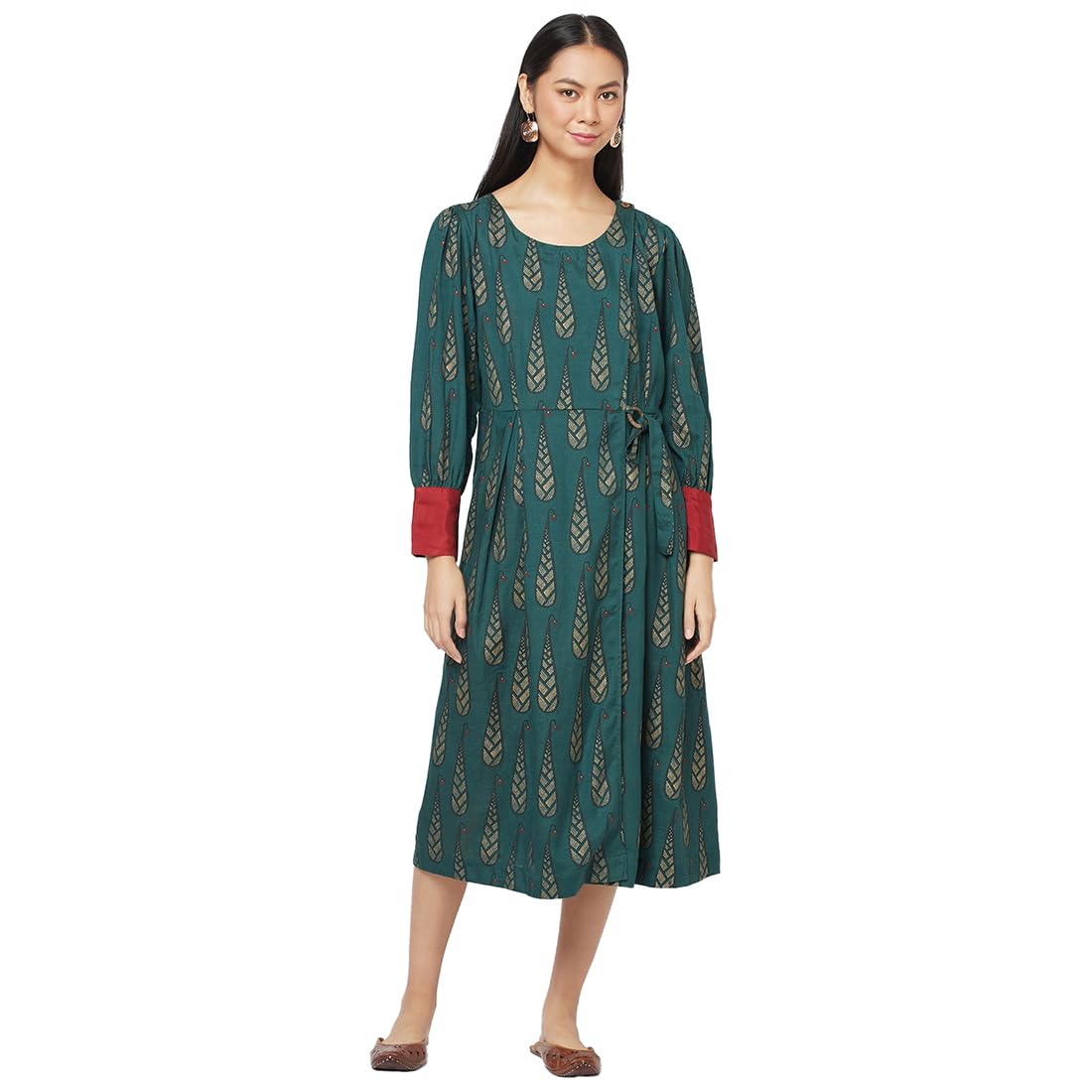 Fabindia WomenS Solid Green Rayon Blend Round Neck Ankle Length Dress (203758601 M)