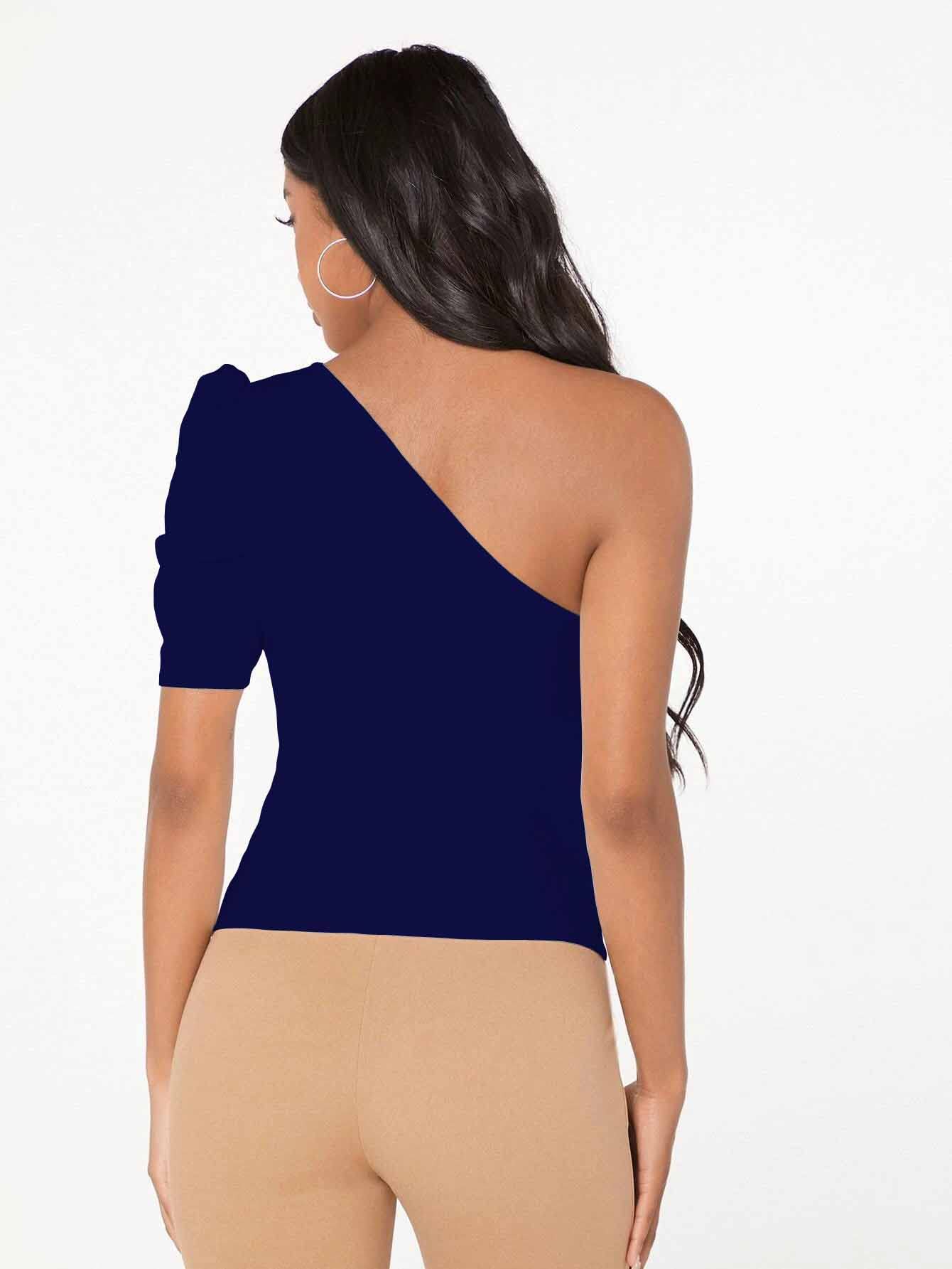 Shasmi Womens & Girls Navy Blue Short Puff Sleeve, One Shoulder Neck, Ruched Bust Solid Tops for Women/Tops, T-Shirts for Girl