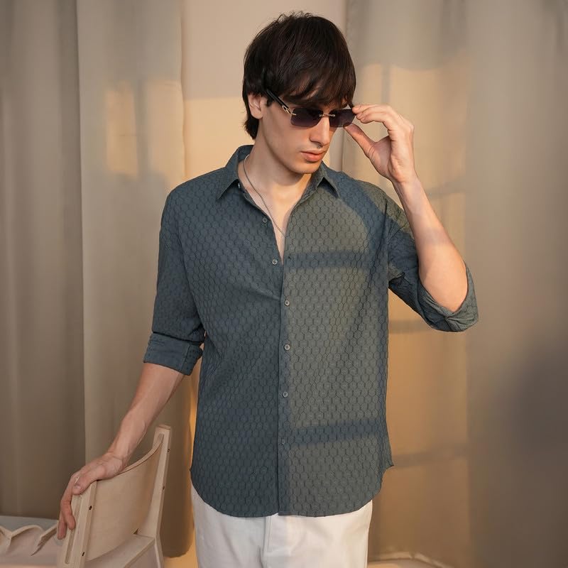 Campus Sutra Mens Charcoal Grey Honeycomb-Textured Oversized Shirt | Casual Wear | Spread Collar | Long Sleeve | Button Closure