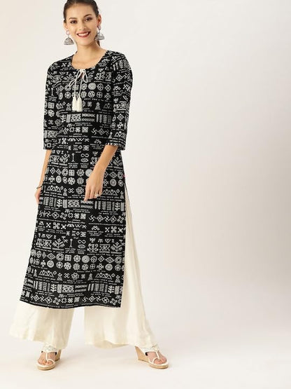 Varanga Women Black & White Printed Straight Kurta