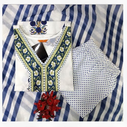 Pinkmint WomenS Hevy Cotton Blend White&Yellow Kurta Set L Stitched Printed Dupatta Set L Stylish Women Festival Dress (Pack Of