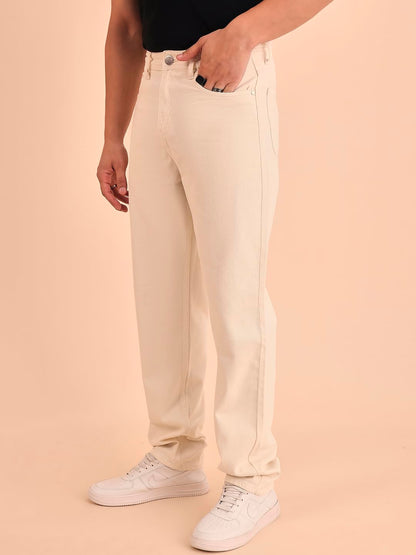 Style Quotient Men Relaxed Fit High Rise Cotton Jeans Off White