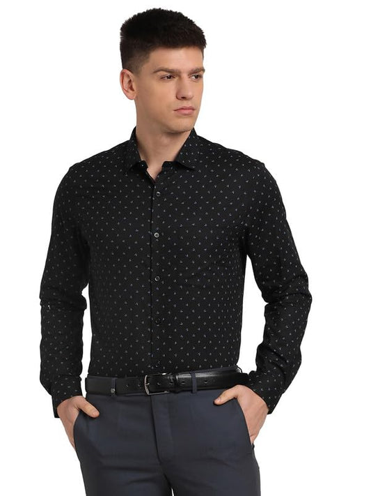 Turtle Men 100% Cotton Black Printed Slim Fit Full Sleeve Formal Shirt