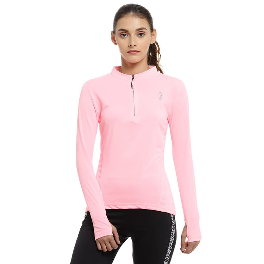 Campus Sutra WomenS Solid Pink Mock Neck Dri-Fit Activewear T-Shirt Regular Fit For Casual Wear | Structured T-Shirt Crafted Wi
