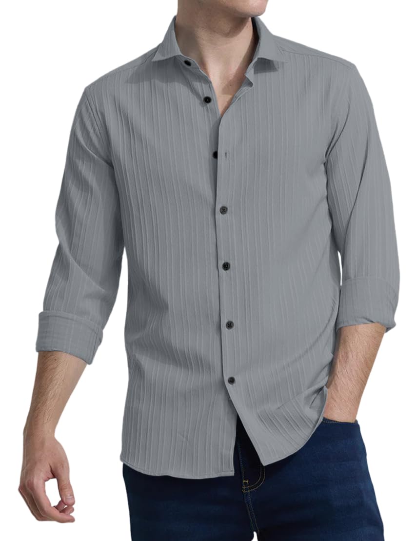 Finivo Fashion MenS Casual Cotton Plain Button Down Shirts Full Sleeve Textured Summer Beach Shirt For Men Grey