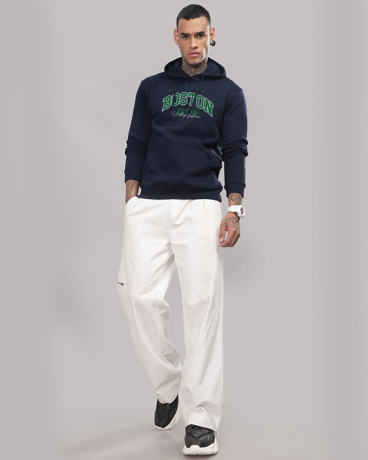 ADRO Men's Cotton Neck Hooded Sweatshirt (H24-BOST-NB_Navy Blue
