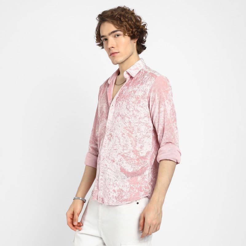 Campus Sutra Mens Blush Pink Solid Velvet Shirt for Casual Wear | Spread Collar | Long Sleeve | Button Closure | Shirt Crafted