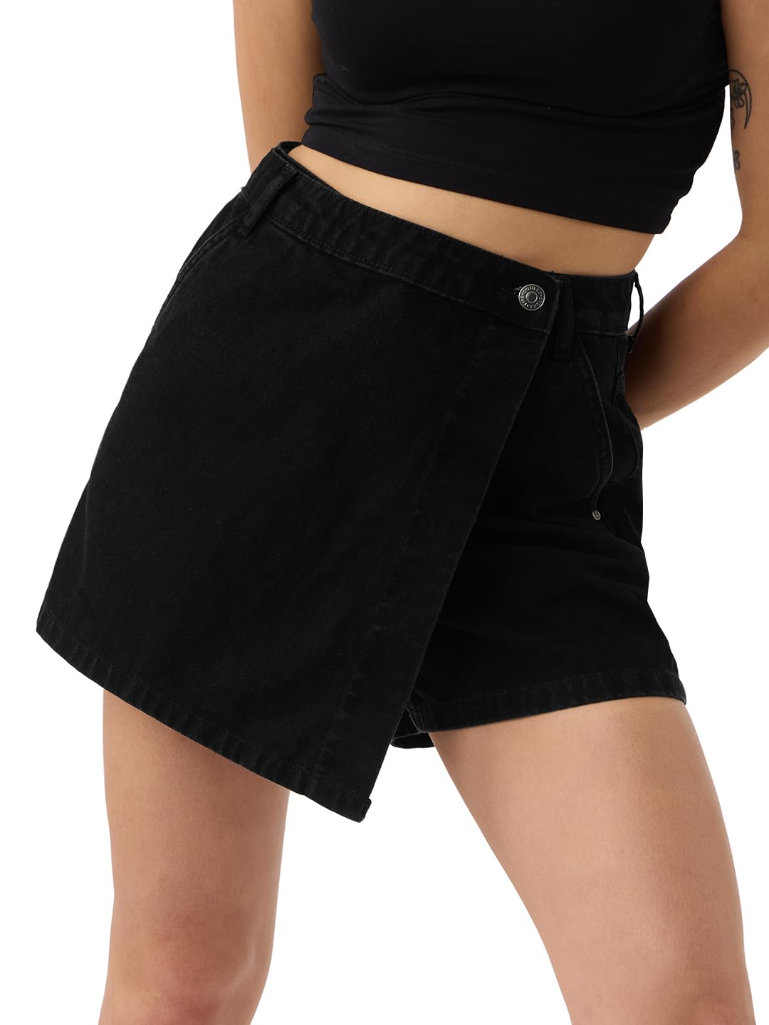 The Souled Store Denim Skorts: Carbon Black Women and Girls Button Closure Solid Cotton Mini Denim Skorts