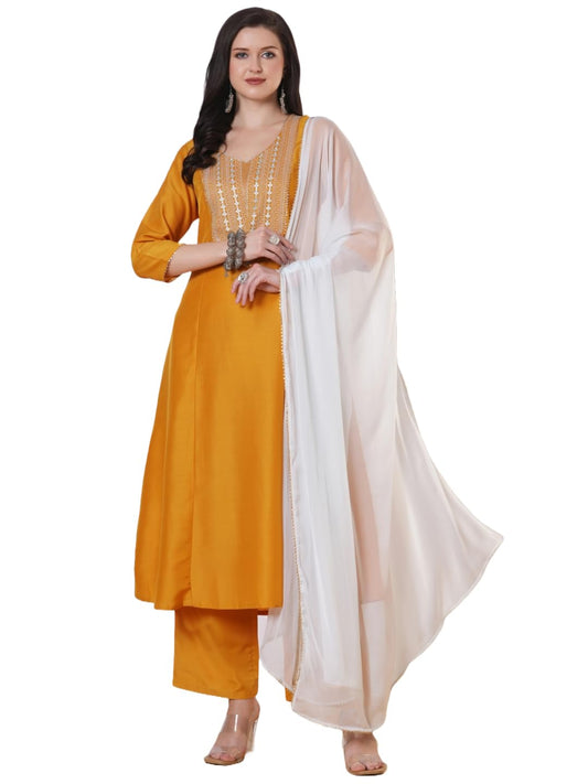 Gosriki WomenS Rayon Viscose Anarkali Embroidered Kurta With Pant & Dupatta (Gobari Yellow-Gs_M_Yellow_Medium)