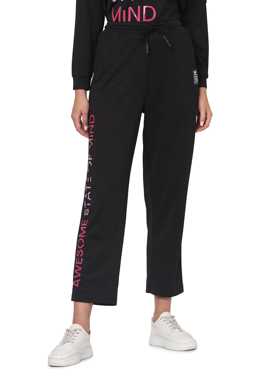Vero Moda Women Typographic Print Black Polyester Straight Fit High-Rise Trackpants