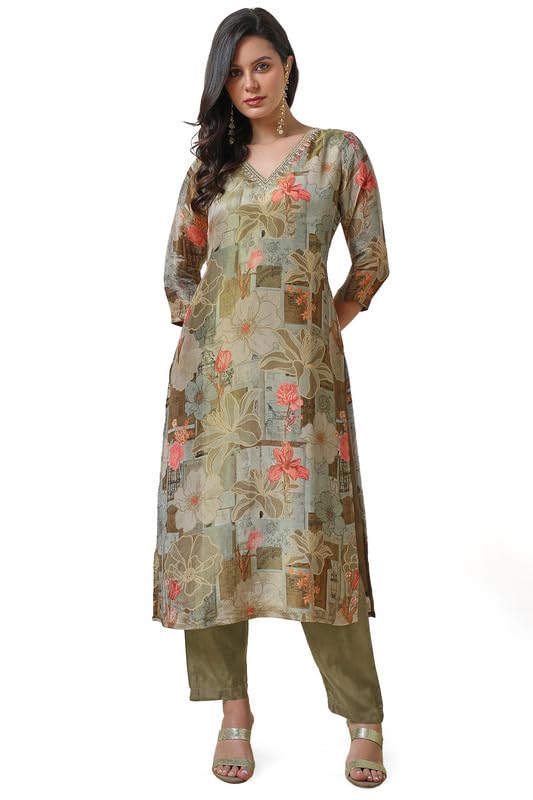 Soch Womens Olive Botanical Print Tissue Kurta Set