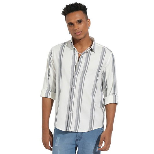 Campus Sutra Mens White & Dark Grey Barcode Striped Shirt for Casual Wear| Spread Collar | Long Sleeve | Button Closure | Cotto