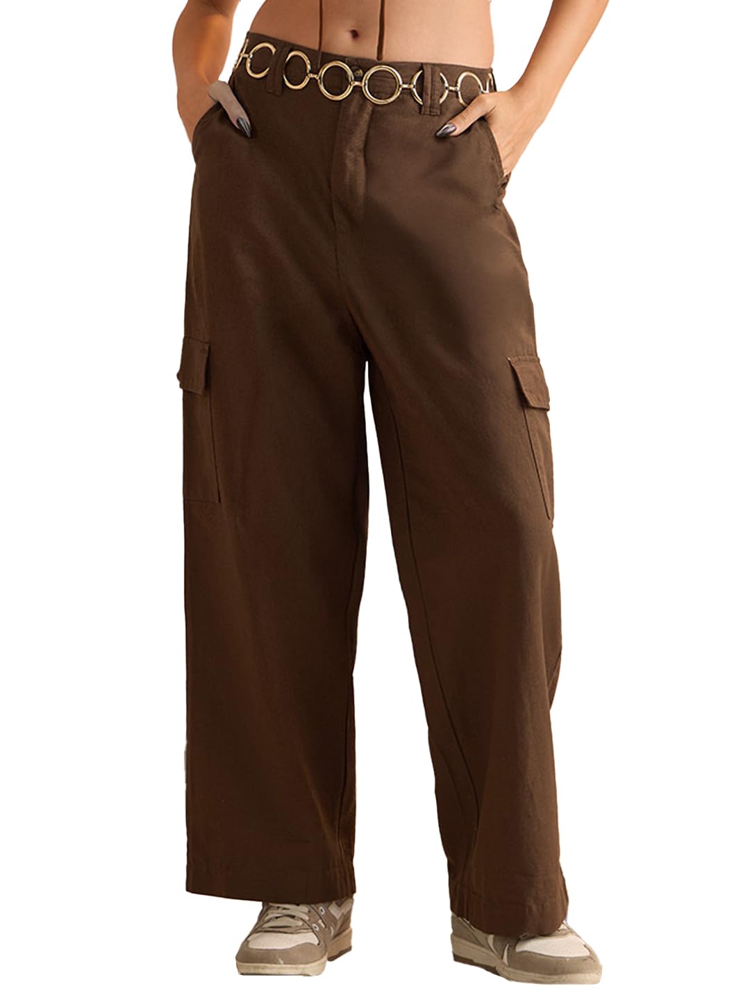 The Souled Store Cotton Linen Pants: Dark Brown Women and Girls Buttoned Solid Cotton Linen Blend Straight Fit Casual Cargo Pant