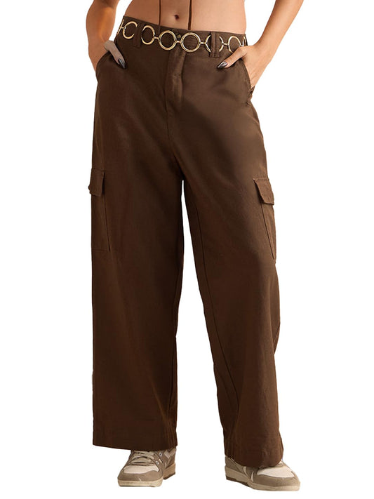 The Souled Store Cotton Linen Pants: Dark Brown Women and Girls Buttoned Solid Cotton Linen Blend Straight Fit Casual Cargo Pant