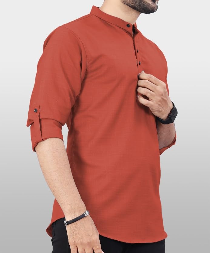 Deemoon MenS Cotton Blend Kurta With Solid Regular Fit Mandarin Collared Neck Full Sleeve And Waist Length | Kurtas For Men | D