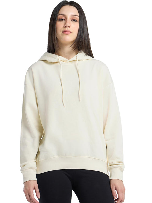 Bewakoof Womens Solid Cream Full Sleeve Oversized Hoodie