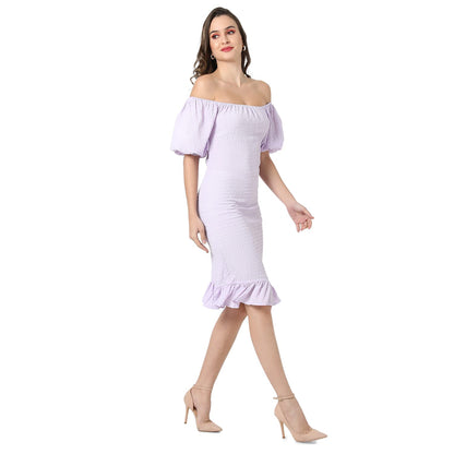 Campus Sutra Women'S Lilac Puff-Sleeved Creased Dress For Casual Wear | Off-Shoulder | Short Sleeve | Pull On Closure | Dress Cr