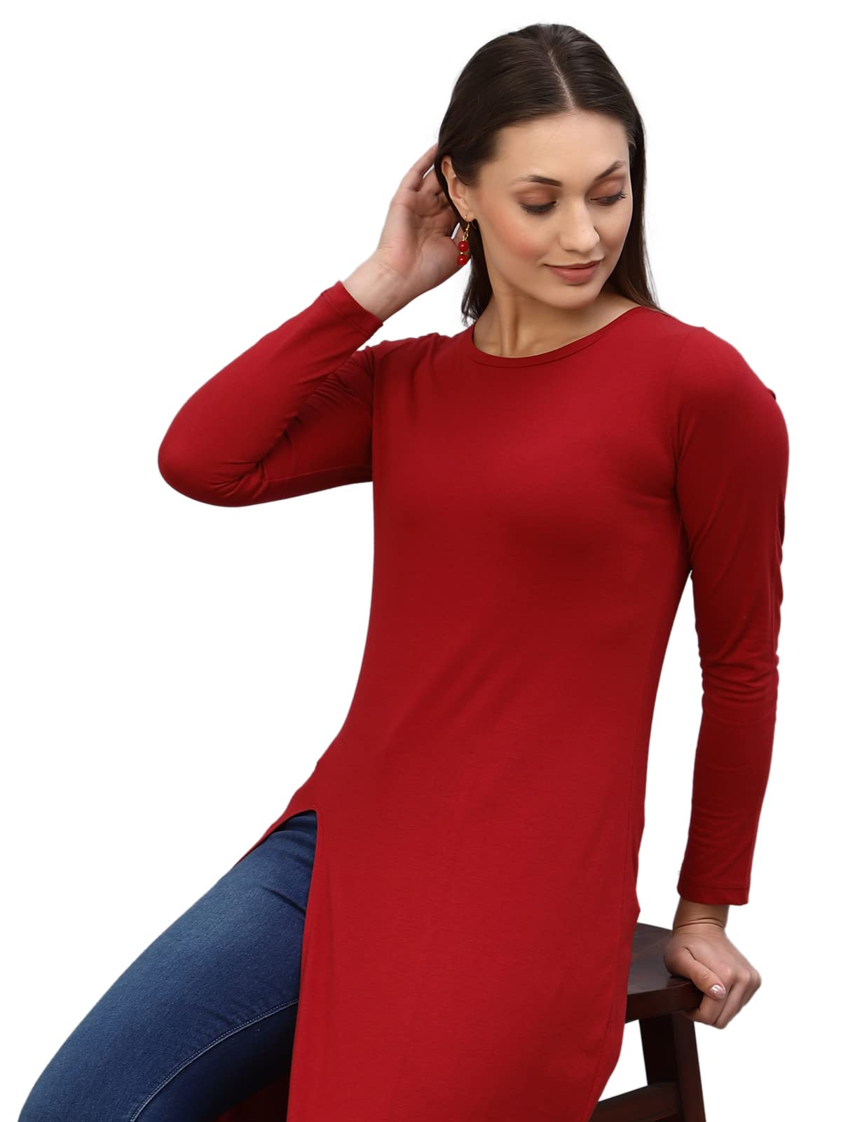 Rigo Cotton Maxi Full Sleeve Top for Women | Front Slit Round Neck Maxi Top for Women | Longline Stylish Tops for Women | Wester