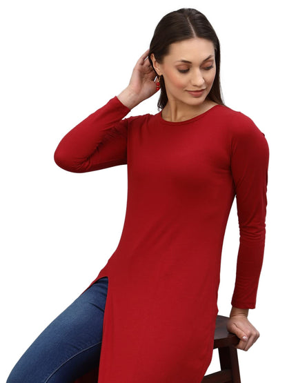 Rigo Cotton Maxi Full Sleeve Top for Women | Front Slit Round Neck Maxi Top for Women | Longline Stylish Tops for Women | Wester