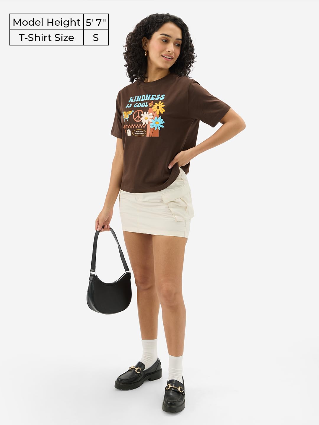 The Souled Store Originals: Kindness is Cool 100% Cotton Women & Girls Short Sleeve Round Crew Neck Brown Graphic Printed Regula