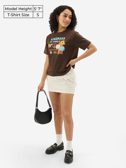 The Souled Store Originals: Kindness is Cool 100% Cotton Women & Girls Short Sleeve Round Crew Neck Brown Graphic Printed Regula