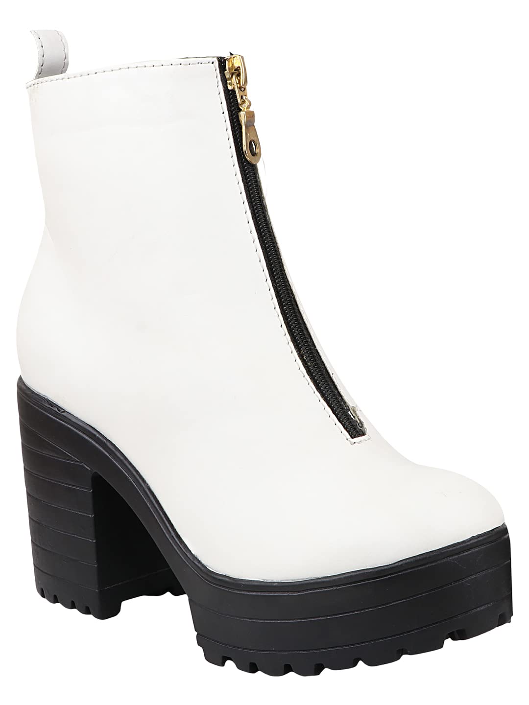 Shoetopia WomenS White Chunky Heel Platform Ankle Boots With Front Zip || Stylish Faux Leather Booties For Party, Street & Casu
