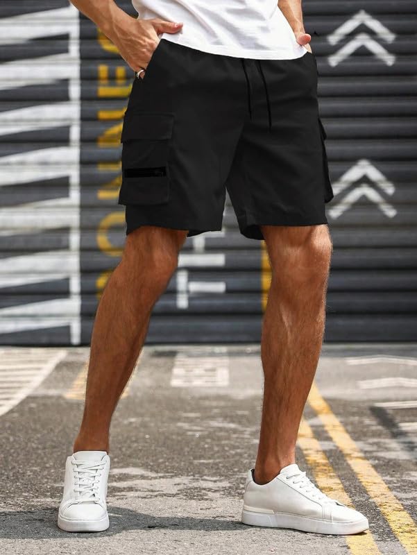 SMOWKLY Mens Cotton Casual Relaxed Regular Fit Camo Cargo Shorts || Drawstring & Elastic Waist Multi Pocket Summer Beach Hiking
