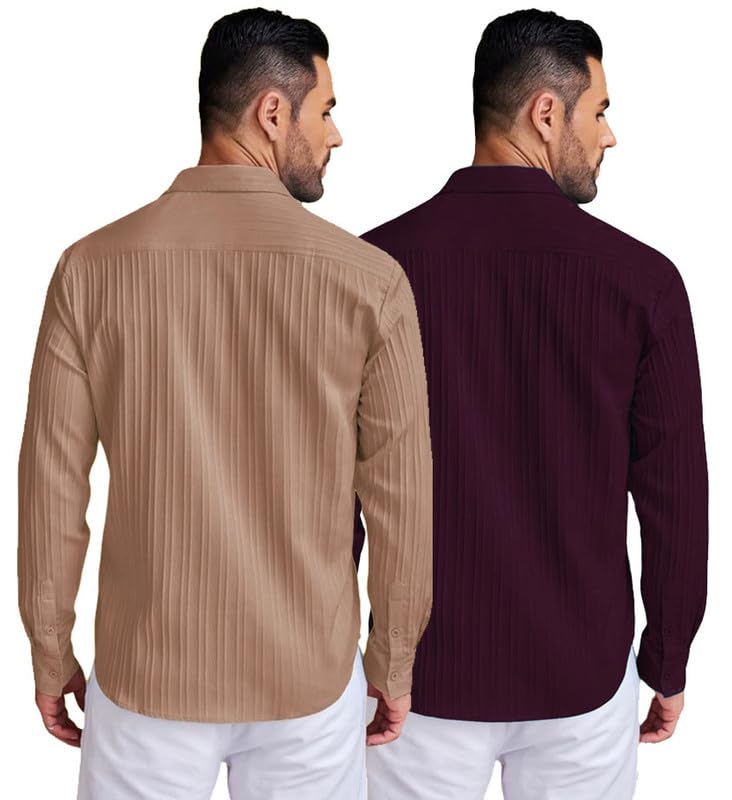 Deelmo Combo Of MenS Casual Button Down Shirts Long Sleeve Linen Shirt Fashion Textured Summer Shirts Pack Of 2