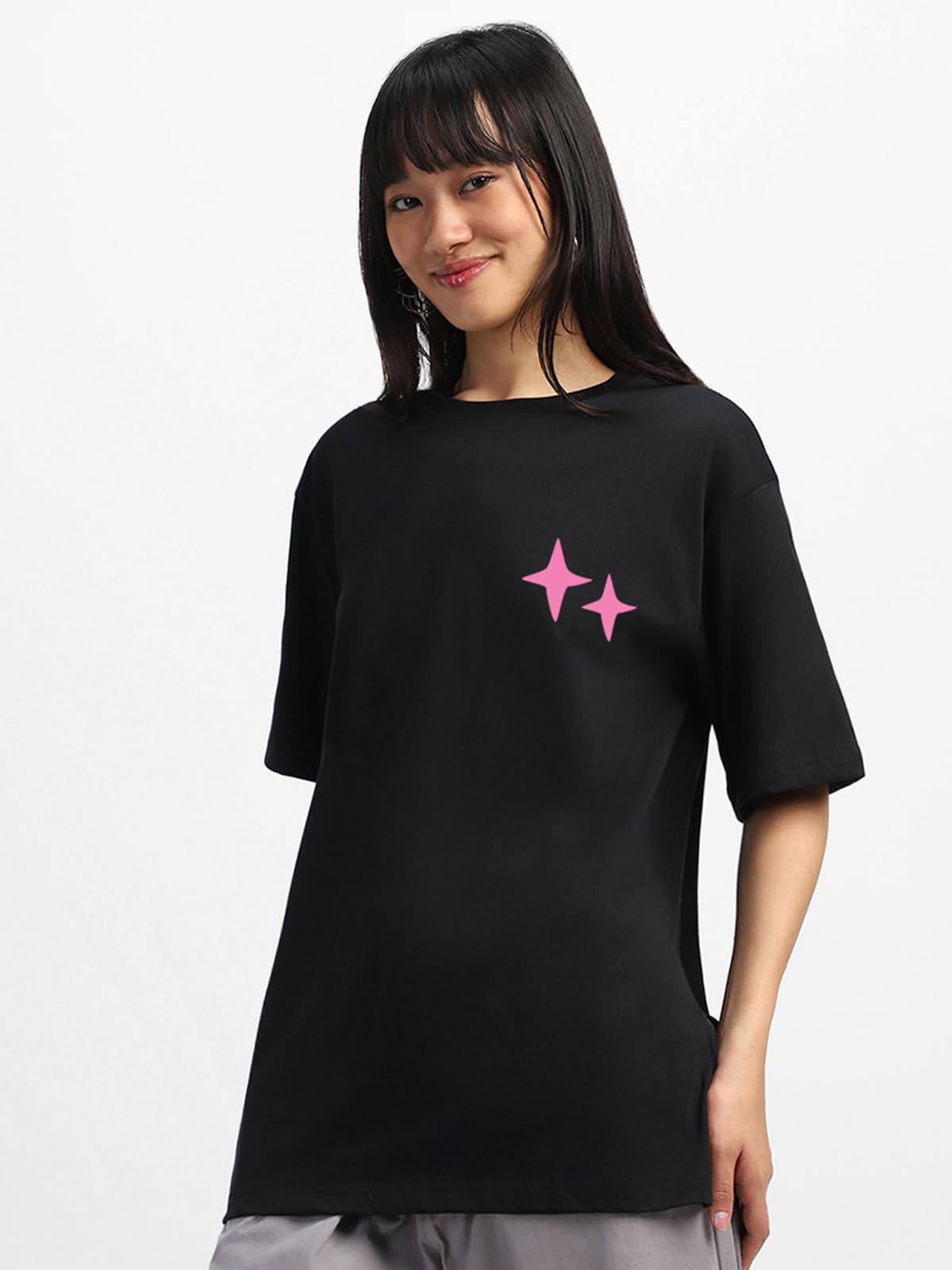 JUNEBERRY Pure Cotton Oversized Loose Baggy Fit Drop Shoulder Half Sleeve Cool Front & Back Graphic Printed Round Neck T-Shirt C